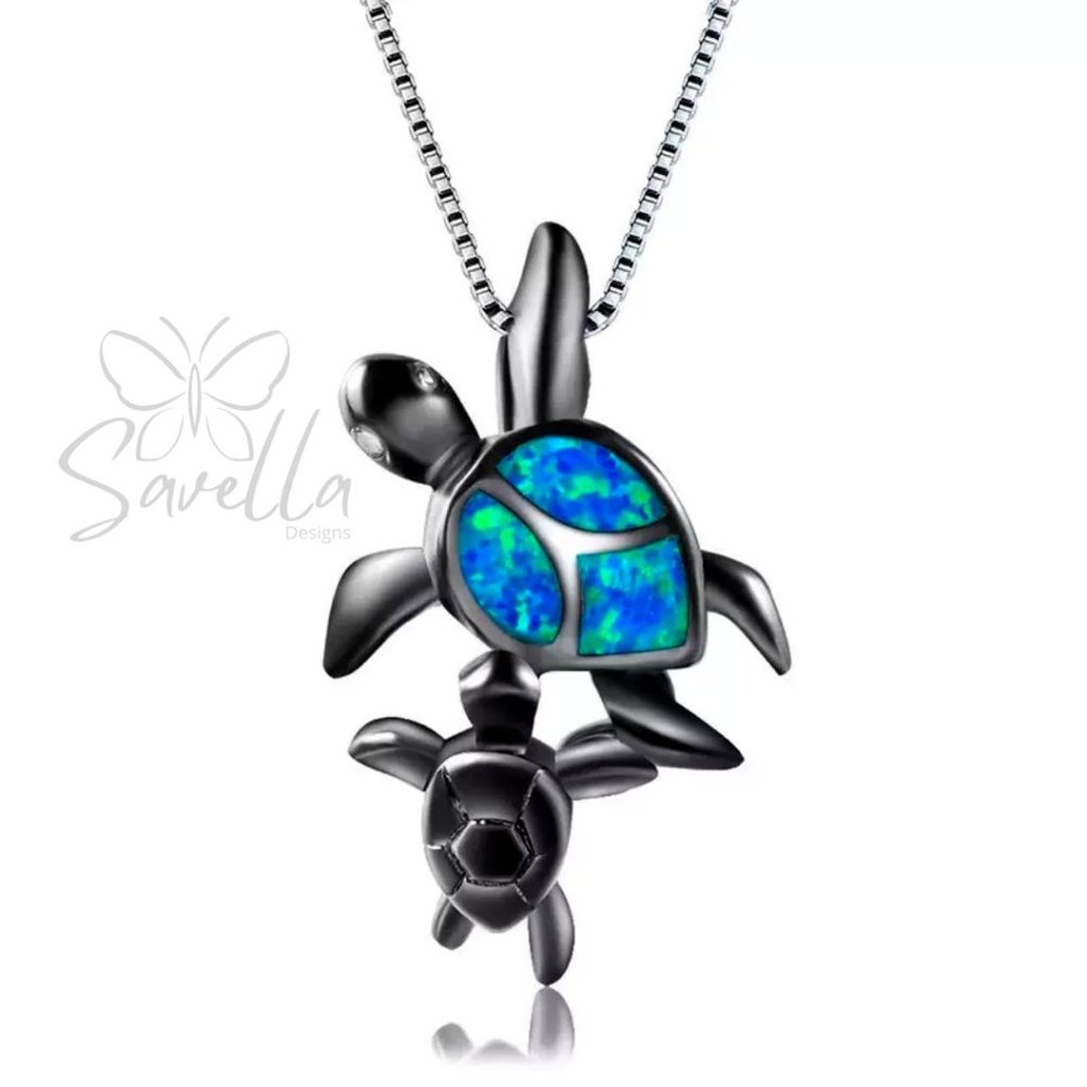 Solid Sterling black Silver Blue Fire Opal Turtle & Baby Turtle Pendant